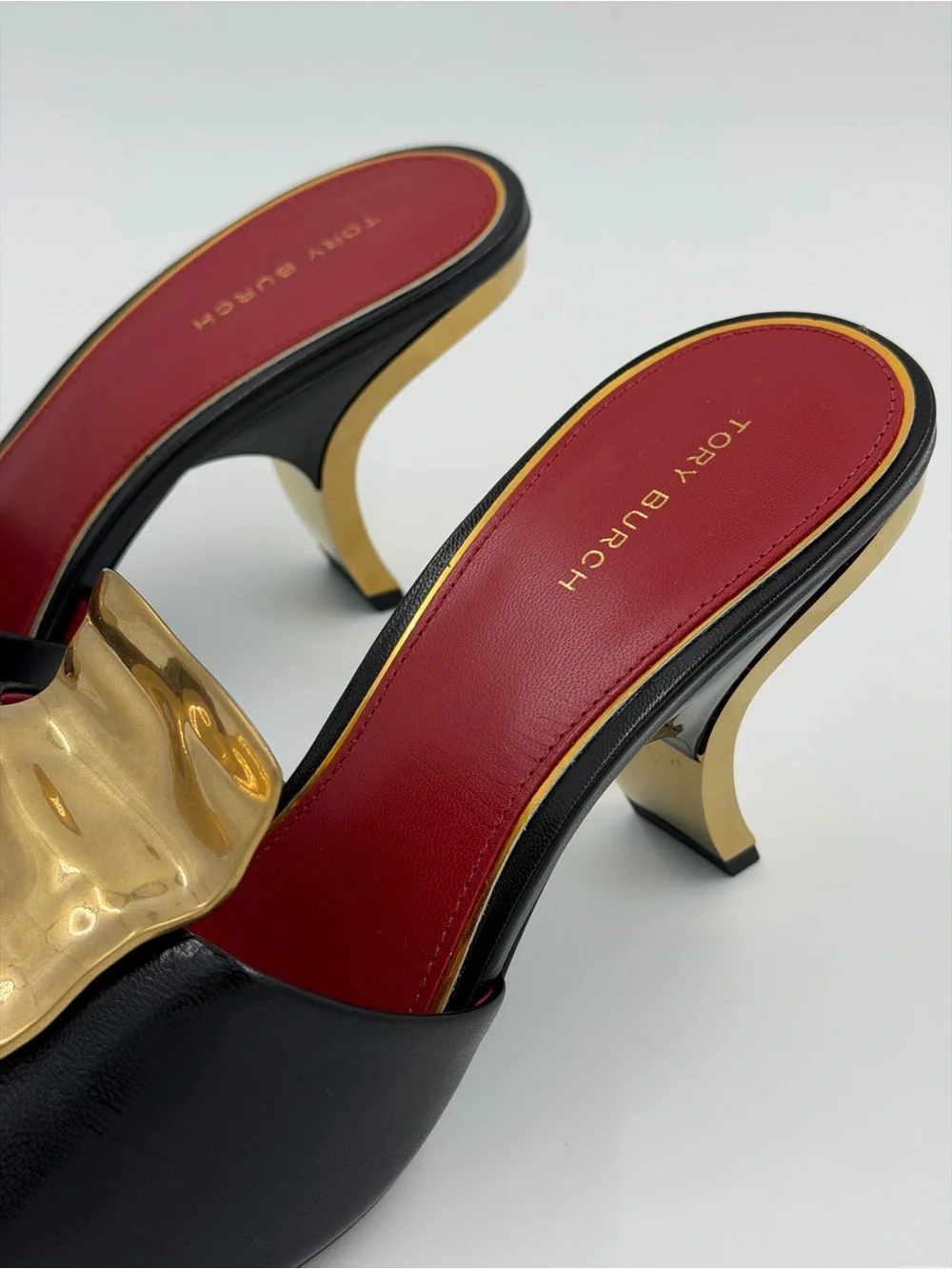 Tory Burch Patos Mismatch Heel Sandals – Black/Red/Gold – Size 8 – New in Box